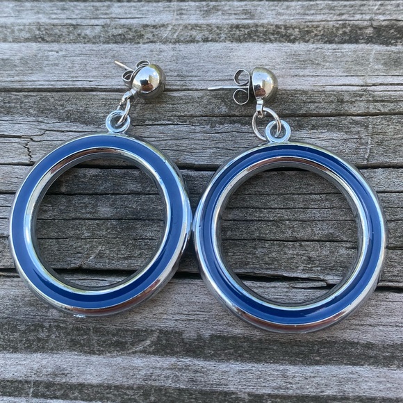 Vintage 80’s Circle Drop Earrings blue and silver tone lightweight - Picture 4 of 7